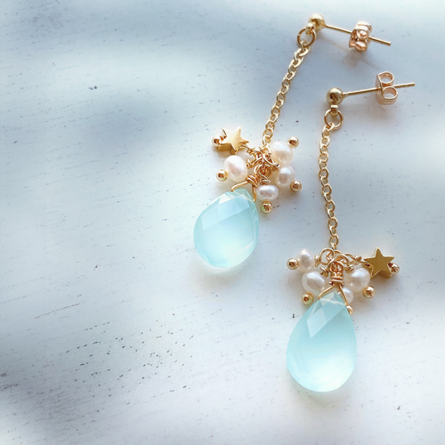 14kgf水色カラーカルセドニー&淡水パールピアス 14kgf水色カラーカルセドニー&淡水パールピアス