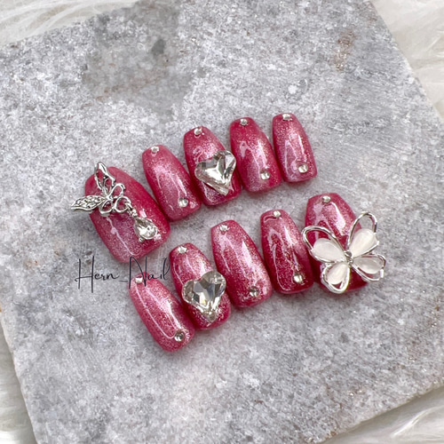 チップ種類、カラー変更可能》ハートバタフライパーツピンク