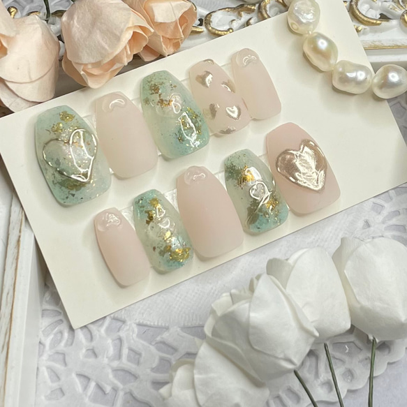 サイズオーダー♡ニュアンスハートネイルチップ グリーン size order  
