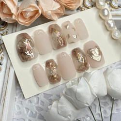 オーダーネイルチップ ツイードニュアンスブラウンワンホンハート推し