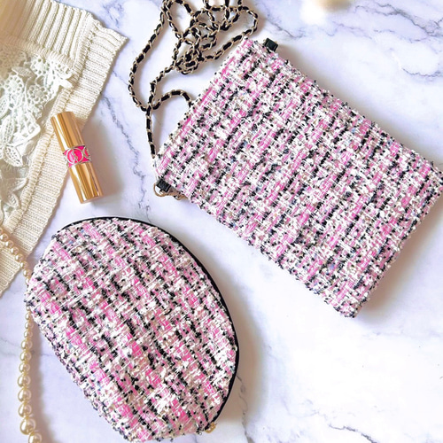 1点限定❤️華やか スマホポシェット ピンク×黒 ツイード チェーン