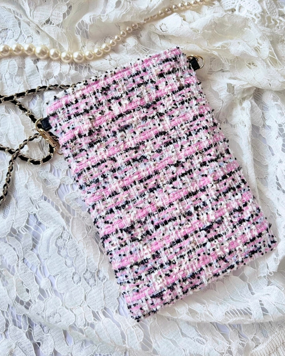 1点限定❤️華やか スマホポシェット ピンク×黒 ツイード チェーン