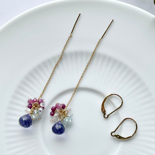 春夏ピアス アイオライト ルビー アクアマリン トパーズ 紫陽花カラー
