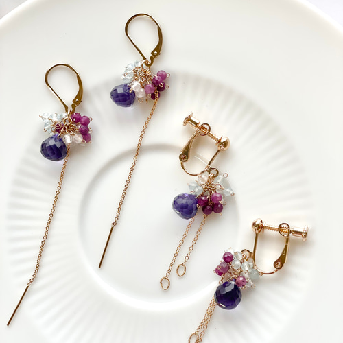 春夏ピアス アイオライト ルビー アクアマリン トパーズ 紫陽花カラー