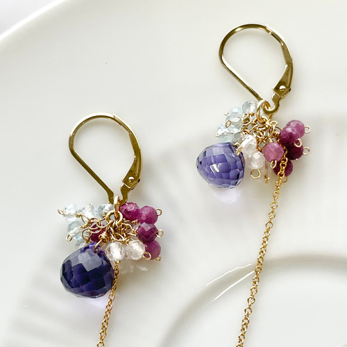 tama◆一点物✧希少✧パープルプルームアゲート×アイオライトピアス 春夏ピアス アイオライト ルビー アクアマリン トパーズ 紫陽花カラー