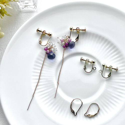 春夏ピアス アイオライト ルビー アクアマリン トパーズ 紫陽花カラー