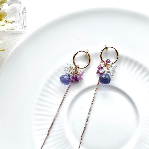 秋色ピアス アイオライト ルビー アクアマリン トパーズ 紫陽花カラー 