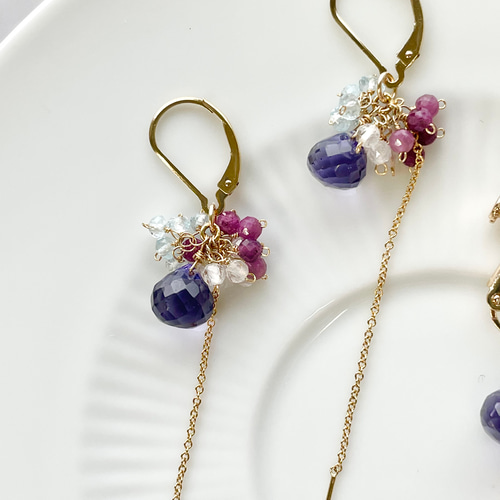春夏ピアス アイオライト ルビー アクアマリン トパーズ 紫陽花カラー