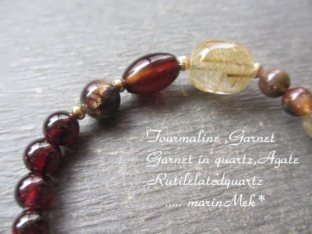 【marinMek*】ルチルクォーツ、トルマリン、ガーネットインクォーツ他　ブレスレット