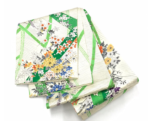 美品 正絹 半幅帯 白 華模様 全通 小紋柄 長尺412センチ フレア