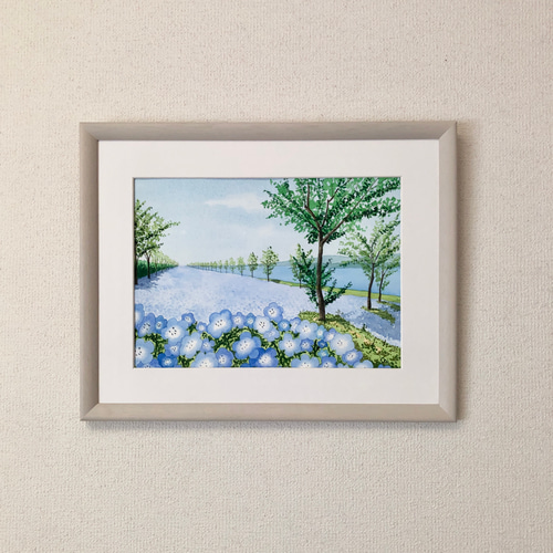 空と海とネモフィラ」透明水彩画 原画 風景画 額縁付 F4サイズ 空と海とネモフィラ」透明水彩画 原画 風景画 額縁付 F4サイズ