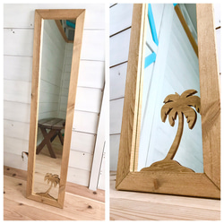 ハワイアンウッドミラー ヤシの木のデザインミラー 壁掛けミラー 木製