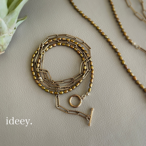 ブロンズゴールド淡水パールロングチェーンネックレス〈415