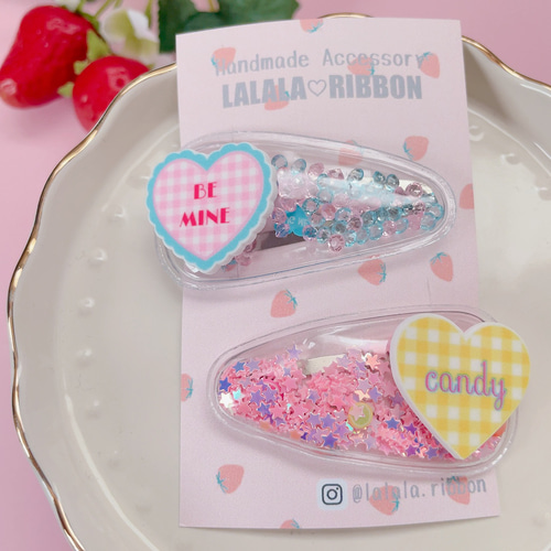 ハートギンガム❤︎ シャカシャカ パッチンピン ハンドメイド キッズ 