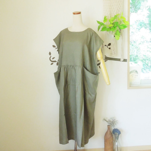 SALE】bighug リネン ノースリドレス○ライトオリーブ ワンピース holy  
