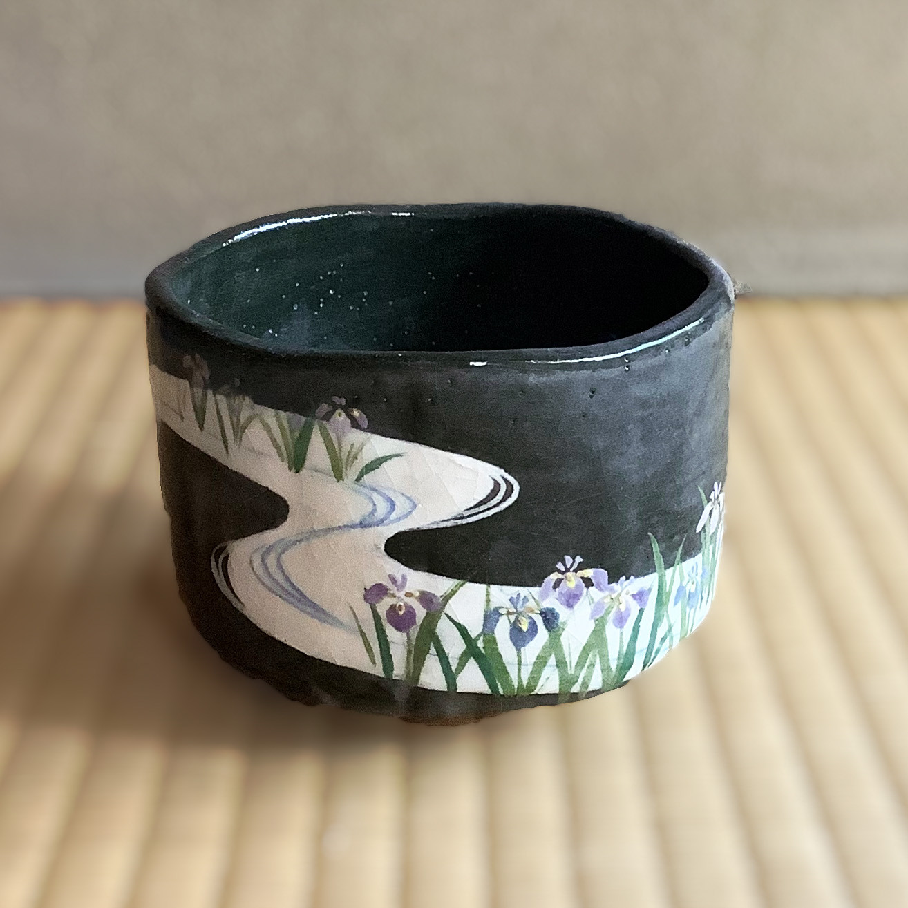 楽入印「宵菖蒲」 抹茶碗☆楽焼 茶道具 手描き 初夏 茶碗・めし碗 楽入 