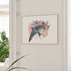 ツバメのポスター　/ i1346 / 花や音符の水彩画の背景につばめが飛ぶ様子　インテリアポスター 6枚目の画像