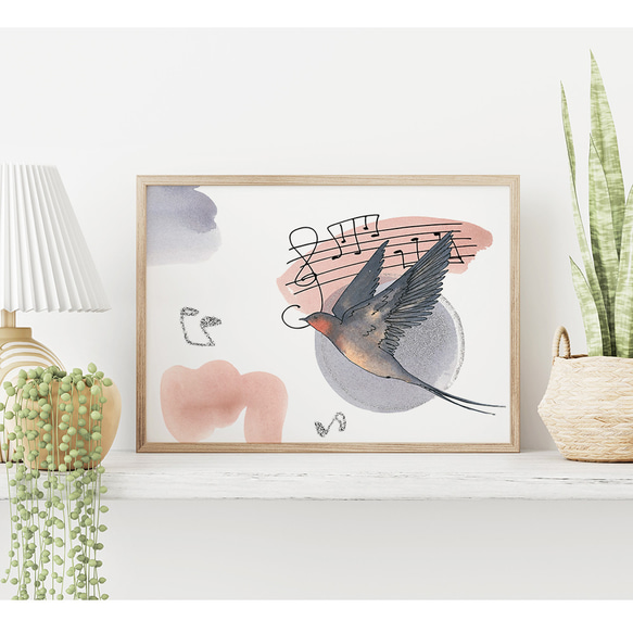 ツバメのポスター　/ i1344 / 花や音符の水彩画の背景につばめが飛ぶ様子　インテリアポスター 4枚目の画像