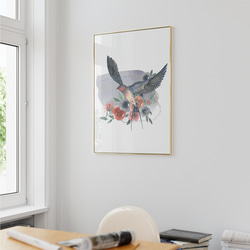 ツバメのポスター　/ i1343 / 花や音符の水彩画の背景につばめが飛ぶ様子　インテリアポスター 2枚目の画像