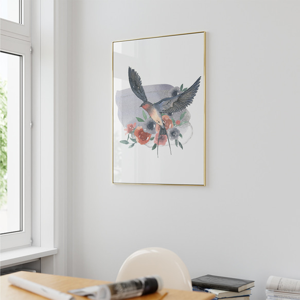 ツバメのポスター　/ i1343 / 花や音符の水彩画の背景につばめが飛ぶ様子　インテリアポスター 2枚目の画像