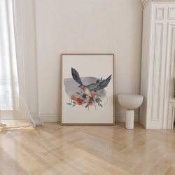 ツバメのポスター　/ i1343 / 花や音符の水彩画の背景につばめが飛ぶ様子　インテリアポスター 1枚目の画像