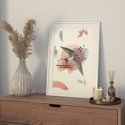 ツバメのポスター　/ i1341 / 花や音符の水彩画の背景につばめが飛ぶ様子　インテリアポスター 5枚目の画像