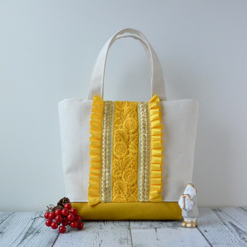 レモンイエローのインド刺繍リボントートバッグ【Sサイズ