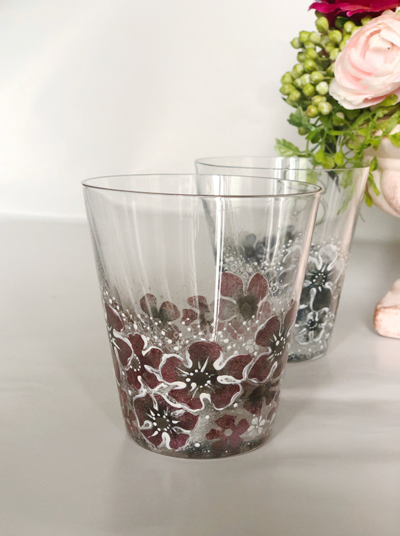 再販！！お花ふわりロックグラス・茶赤系 3枚目の画像