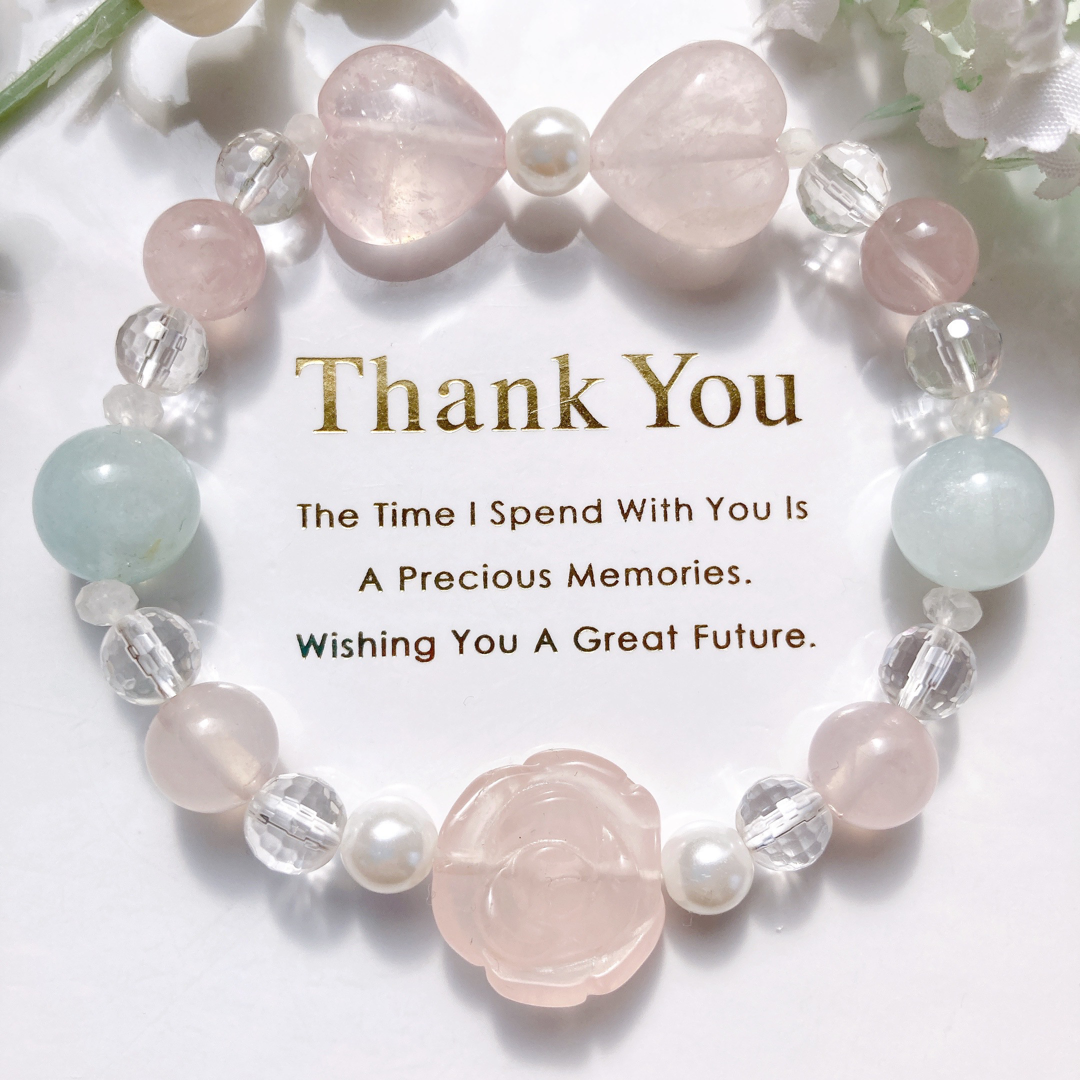 ローズクォーツ薔薇リボンアクアマリン天然石ブレスレット