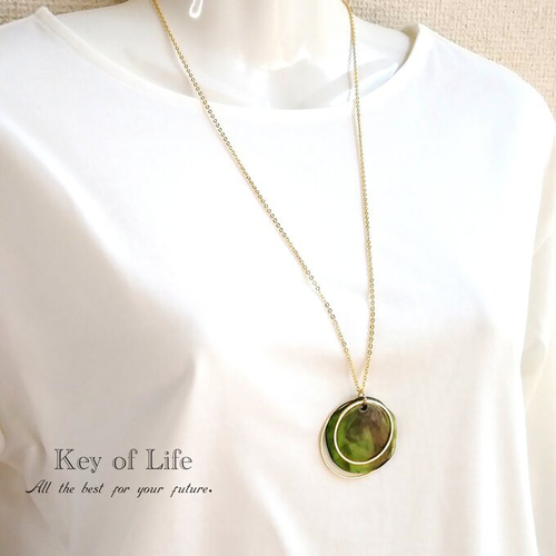 Key of Life▶︎大ぶり マーブル グリーン ゴールド ロング ネックレス