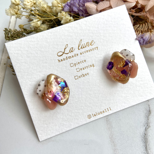 キラキラ レジン ピアス イヤリング+100 シェル ゴールド グリーン