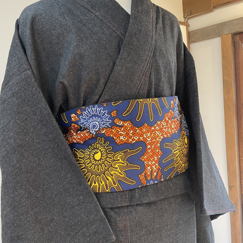 アフリカンバティックの半幅帯(ブルー) 和装小物（帯・半襟