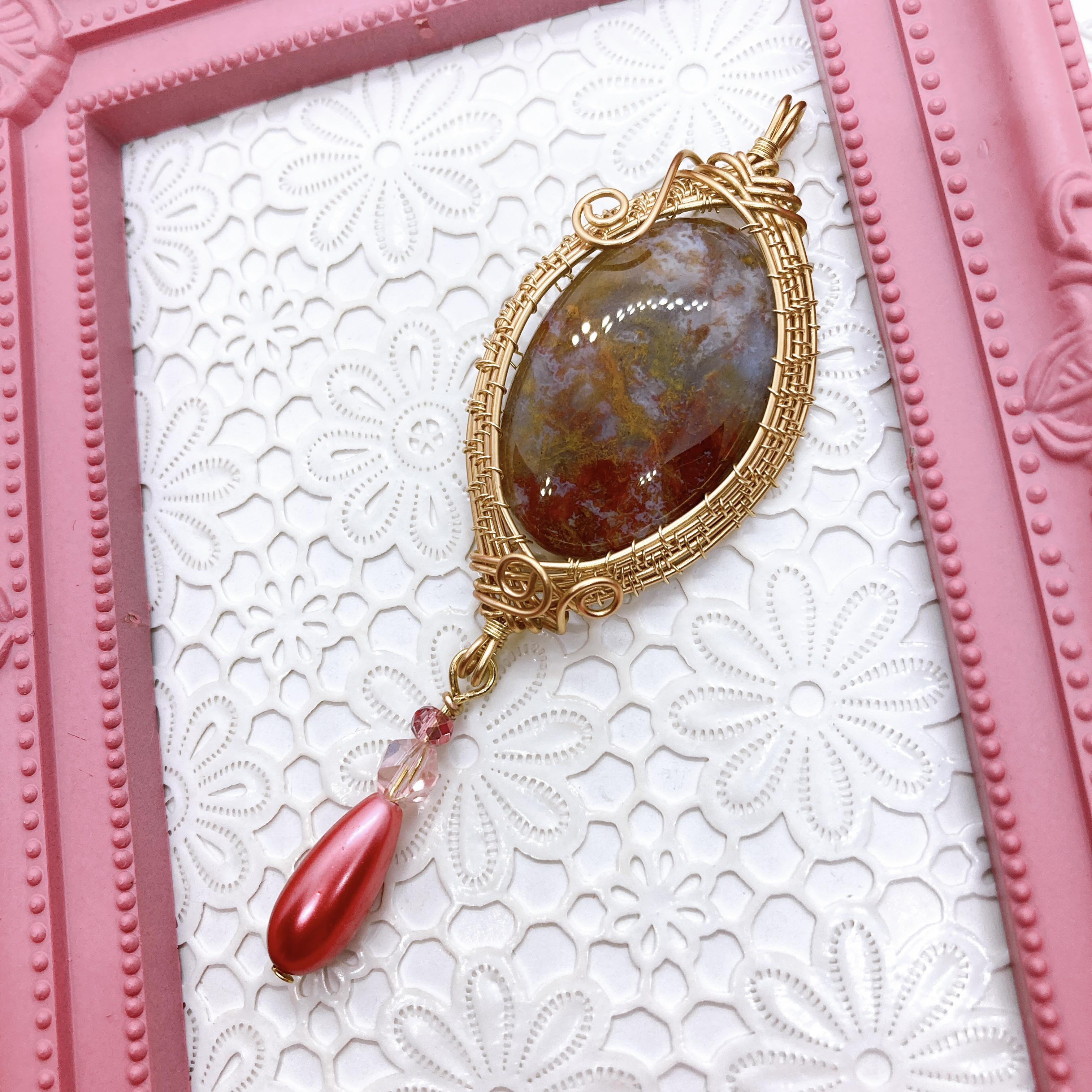 天然石レッドモスアゲートのネックレス☆チェーン付き&送料込み☆ 4,455円