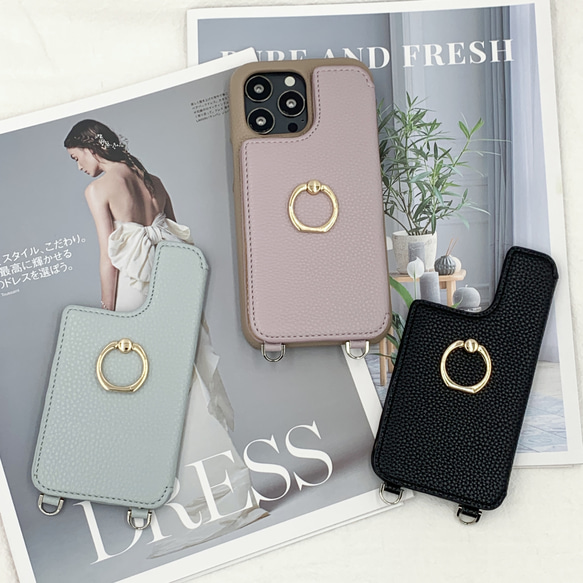 バイカラー iphone 17 16 15 14 13 ケース スマホショルダー ミラー付 フィンガーリング カード収納 3枚目の画像