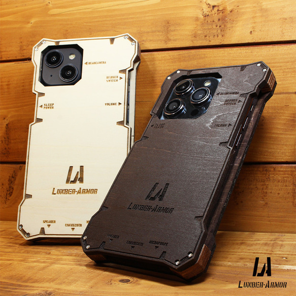 iPhone14 ケース 木製 耐衝撃 ウッド wood case 木 本革 オリジナル LUNBER ARMOR 1枚目の画像