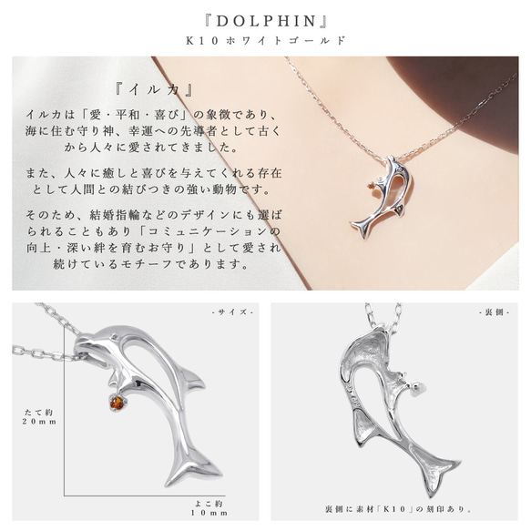 一月生日石石榴石 K10 白金海豚圖案項鍊 Miwa Hoseki 第3張的照片
