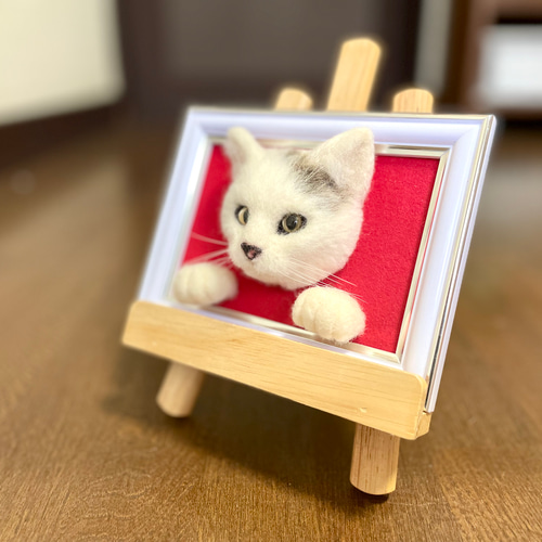 羊毛フェルト 猫 キジシロ猫さんとセキセイインコさん キジ白
