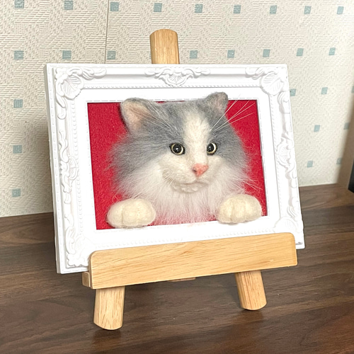 長毛グレー白猫のフレーム猫 羊毛フェルト 猫 リアル ぬいぐるみ 愛猫