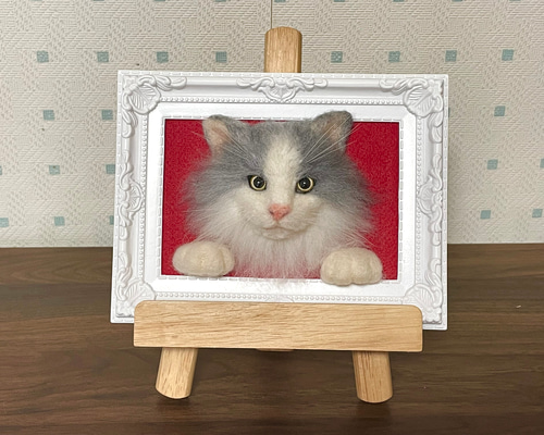 羊毛フェルト 猫人形 グレーとホワイト 長毛グレー白猫のフレーム猫 羊毛フェルト 猫 リアル ぬいぐるみ 愛猫