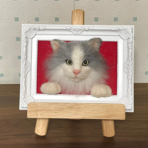 長毛グレー白猫のフレーム猫 羊毛フェルト 猫 リアル ぬいぐるみ 愛猫
