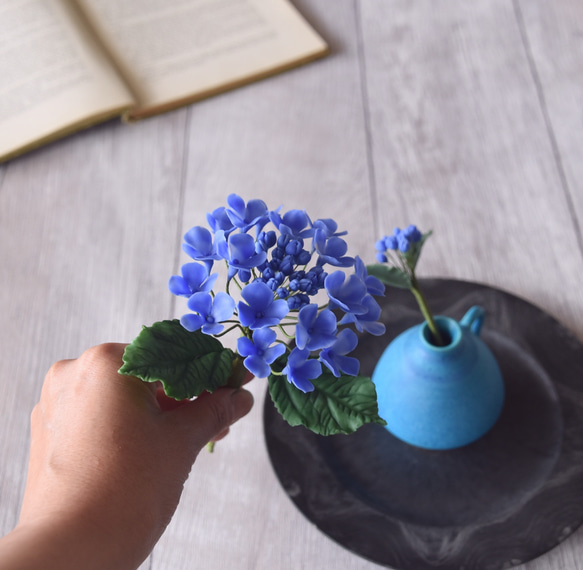 ◆粘土のお花◆ ガクアジサイ　ブルー【信楽焼】ペティベース　A806 6枚目の画像