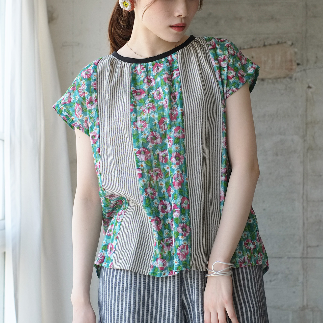 【再販祭り2025】ふんわり涼しげ♪パッチワークフレンチスリーブトップ（23s-14）グリーン