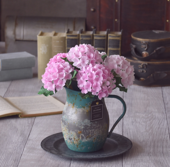 ◆粘土のお花◆ 紫陽花　ピンク　ラグーン・ピッチャーベース（スチール製）　 …A805 5枚目の画像