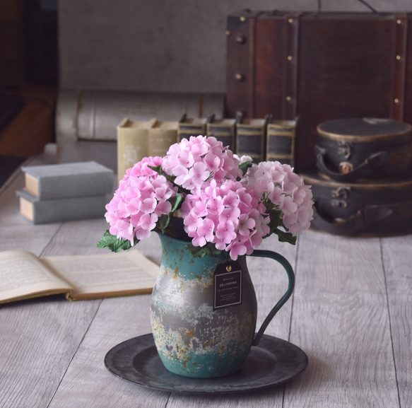 ◆粘土のお花◆ 紫陽花　ピンク　ラグーン・ピッチャーベース（スチール製）　 …A805 4枚目の画像