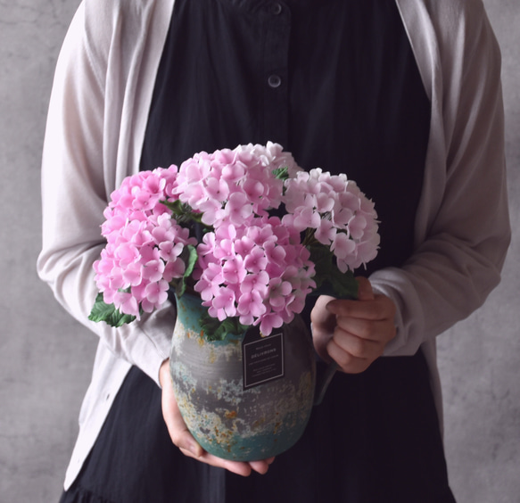 ◆粘土のお花◆ 紫陽花　ピンク　ラグーン・ピッチャーベース（スチール製）　 …A805 10枚目の画像