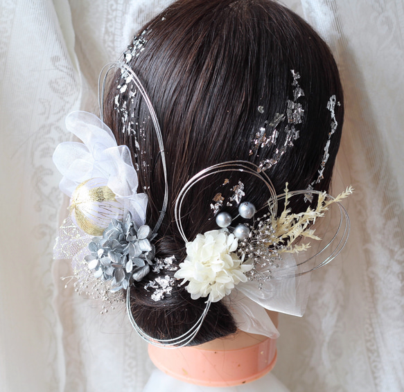 オーガンジーリボン☆ヘッドパーツ 成人式 卒業式 髪飾り ドライフラワー シルバー 銀箔 白 ホワイト水引 3枚目の画像