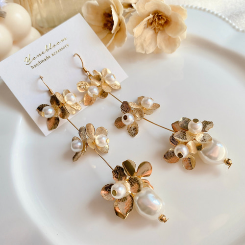 ゴールドフラワーロングピアス♡イヤリング サージカルステンレス