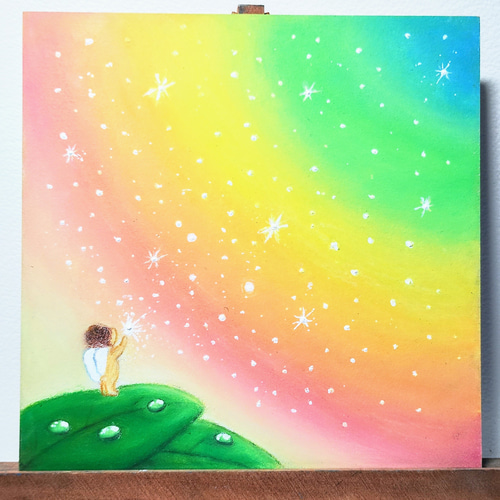 虹の空 願いをすべて 叶える 天使の魔法 【原画】オイルパステルアート