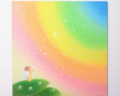 虹色の天使　絵画アート原画　パステル画 虹の空 願いをすべて 叶える 天使の魔法 【原画】オイルパステルアート