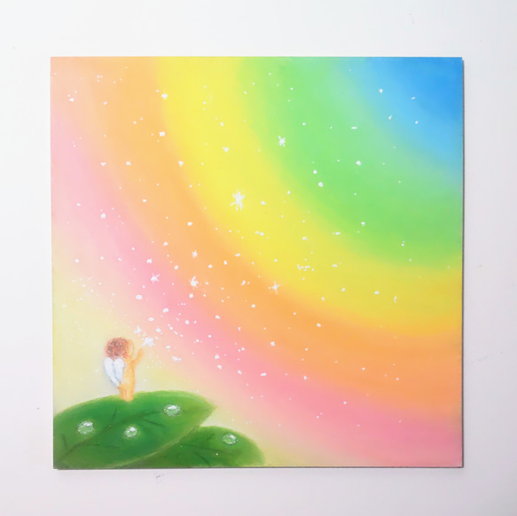 虹の空　願いをすべて 　叶える　天使の魔法 【原画】オイルパステルアート 2枚目の画像
